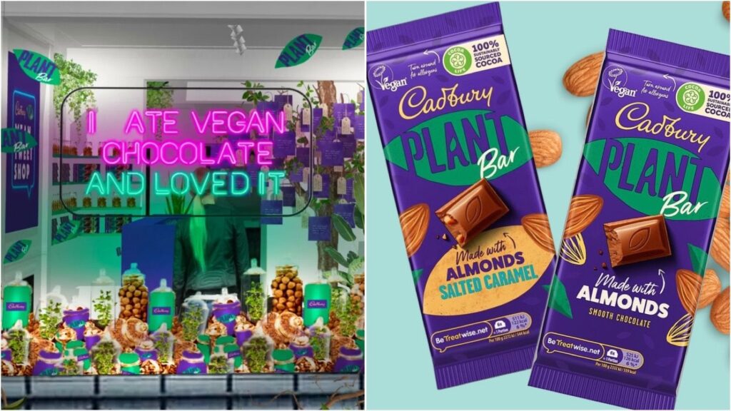 Photo shows the Cadbury vegan chocolate shop pop-up split with an image showing two of the company's plant-based candy bars
