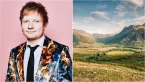 Photo shows Ed Sheeran in a tie-dye blazer and black tie split with an image of a large field