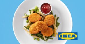 Photo shows plant-based nuggets on a white plate with an IKEA logo stamped over it