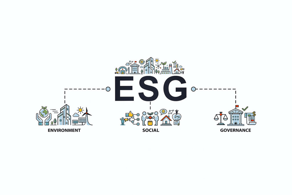 Image breaks down the abbreviation ESG into its component parts: Environment, social, and governance.