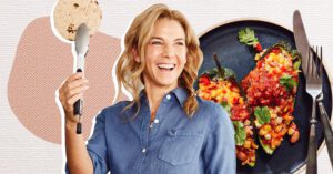 Photo shows Jessica Seinfeld on a pale pink illustrated background next to a vegan dish.