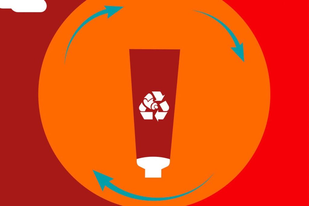 a graphic design of a toothpaste tube within recycling arrows
