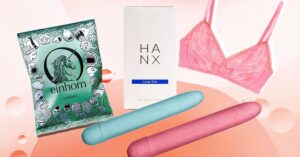 vegan condoms, sustainable lingeries, and vibrators against a pink background