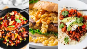 Header image is a split featuring three photos. From left to right, vegan kung pao cauliflower, a mac-n-cheese burger, and three-bean chili, all perfect recipes for the upcoming Super Bowl.